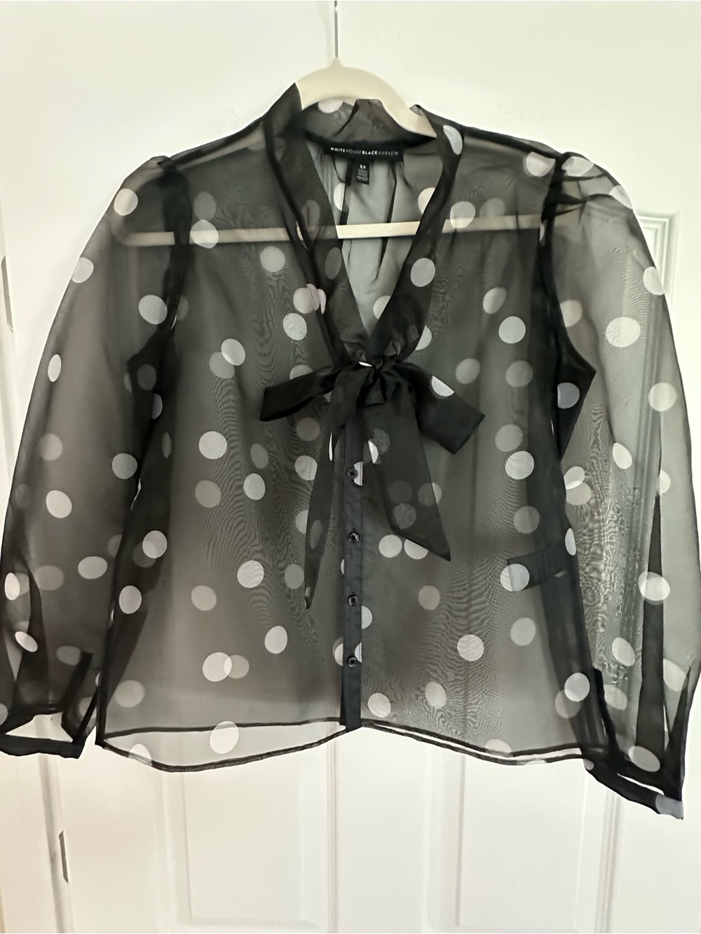 White House Black Market Black Sheer Polka Dot Tie-Neck Blouse